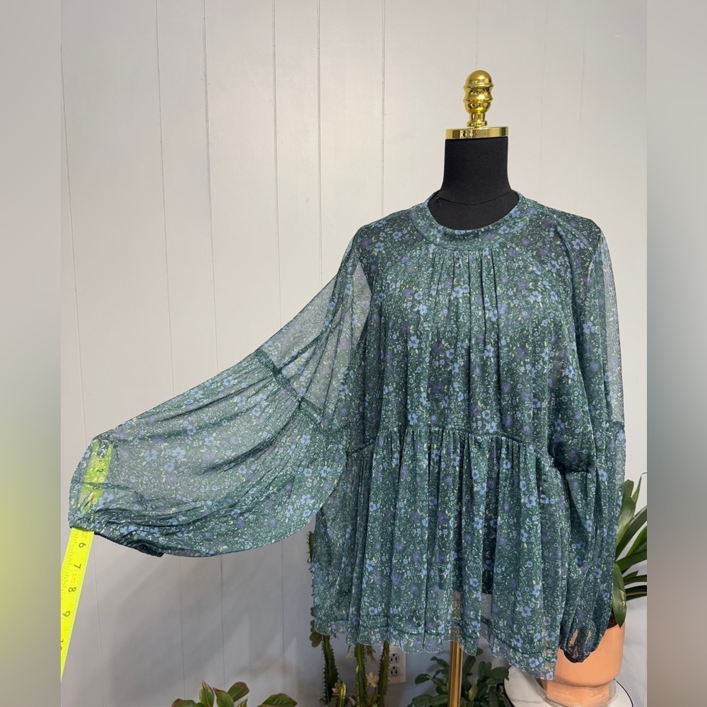 Free People Green Floral Sheer Peasant Blouse with ties back
